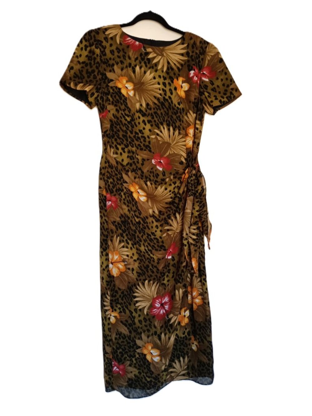 JOHN ROBERTS Olive Floral Tropical Wrap Short Sleeve Chiffon Midi Dress Size 10
